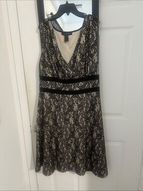 Ashley Stewart Black Lace Overlay Midi Dress with Nude Lining